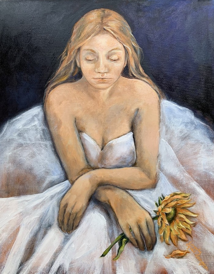 Sold -Girl with Sunflower white dress pensive