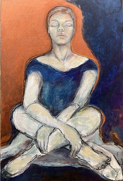 Going Home, 36 x 30, mixed media, zen yoga calm girl copper and deep blue SOLD