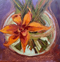 Sold - Lily, day lily, orange purple and green, single flower in a clear vase,