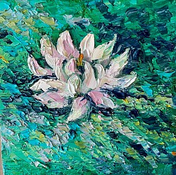 Water lily, textured, pink, spring green, lily pond, impressionist