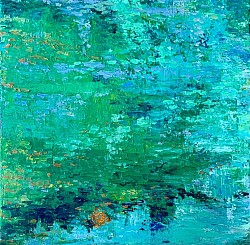 Sold - Monet, impressionist, blue and green, textured, sun reflection, pond