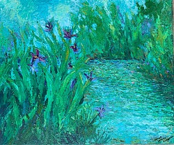 Sold - Pond, irises, blue, water,