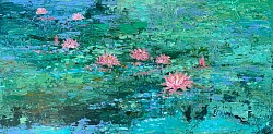 Éden, 48x24, acrylic , water lily, Monet, Impressionism, green, blue water lily