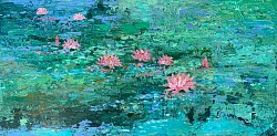 Éden, 48x24, acrylic , water lily, Monet,, green, blue water lilySOLD