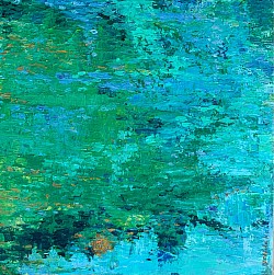 Sold - Monet Nano Moment, 20”x20 “ acrylic, Impressionism, sunset,water,green,blue