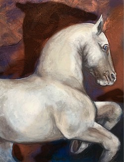 Day Six acrylic 36“x30” horse, copper, brown, warm colour, white horse,