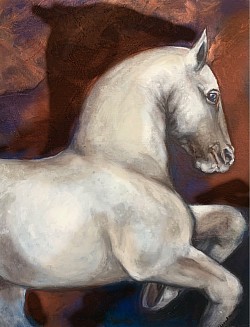 Day Six acrylic 36“x30” horse, copper, brown, warm colour, white horse, SOLD