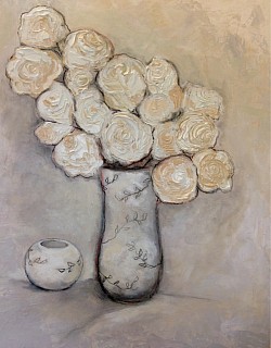 Porcelain, mixed media, 36”x24” , white vase, white roses, floral, neutral tones,