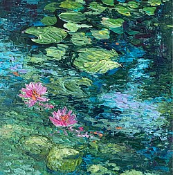 Indigo, 8”x8”. Acrylic, green lily pond, water, lily,Impressionism