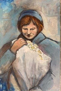 Woman with flowers. Daisies blue